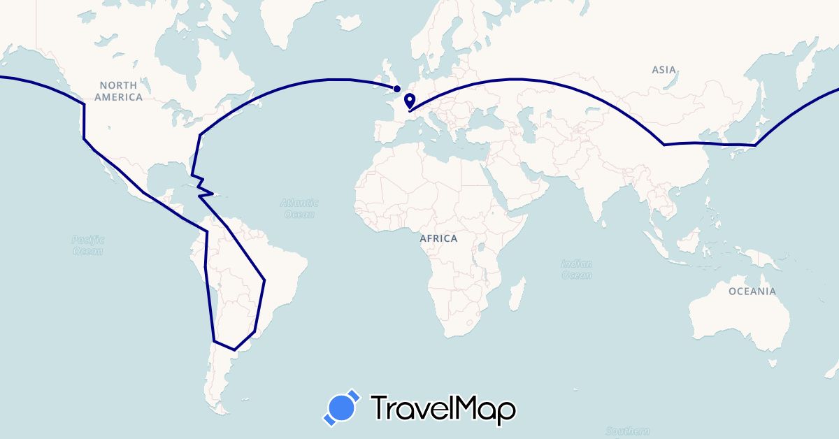 TravelMap itinerary: driving in Argentina, Brazil, Chile, China, Colombia, Costa Rica, Cuba, France, United Kingdom, Haiti, Jamaica, Japan, South Korea, Mexico, Peru, United States, Uruguay, Venezuela (Asia, Europe, North America, South America)